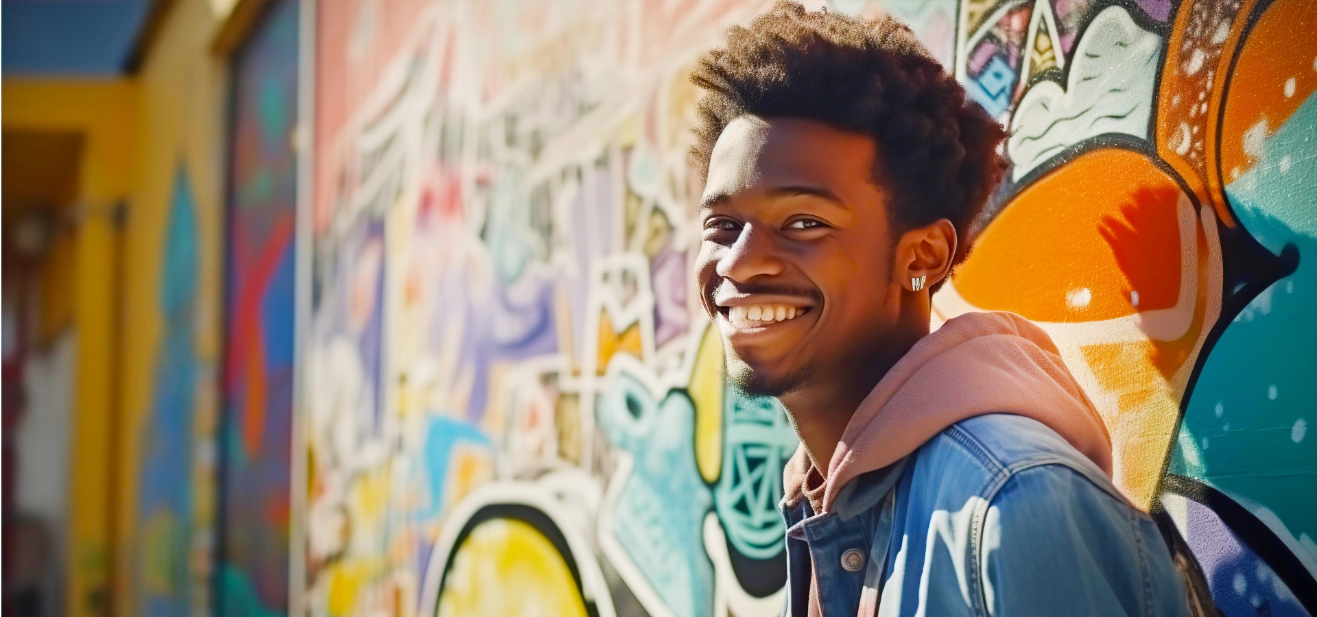 Young man smiling in front of a wall covered in colourful graffiti.