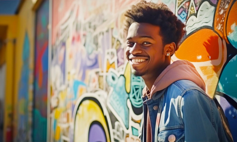 Young man smiling in front of a wall covered in colourful graffiti.