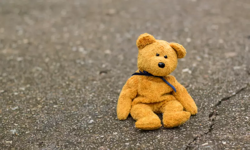 A teddy bear on the ground.