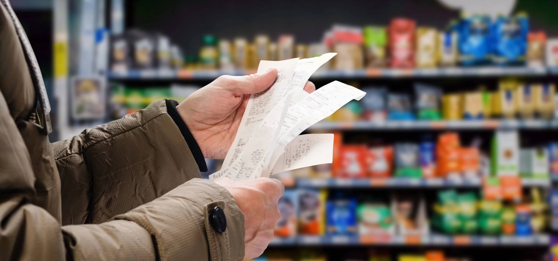 A person in a grocery shop, holding several receipts.