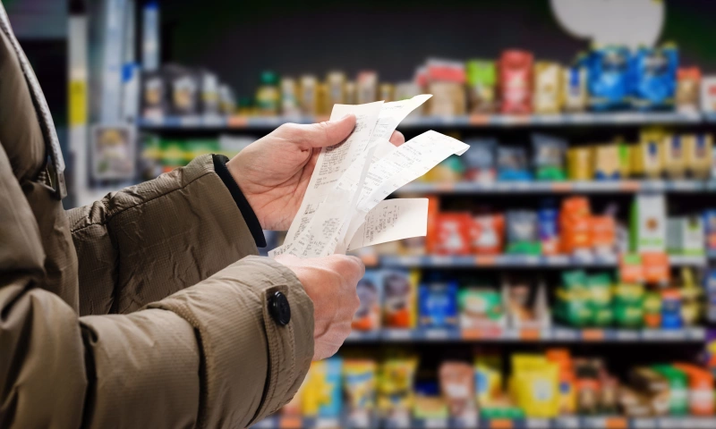 A person in a grocery shop, holding several receipts.