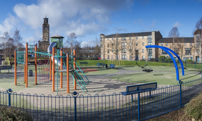 A playground and some tenements in the Greater Gorbals area.