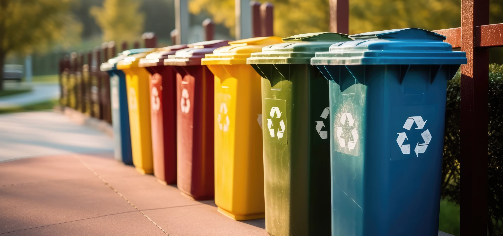 Recycling bins in a sunny street.