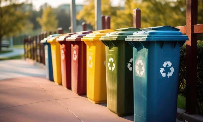 Recycling bins in a sunny street.