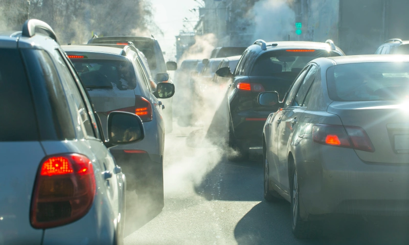 Cars stuck in traffic.