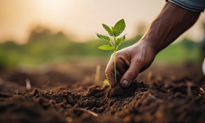 A hand holding a newly grown plant.