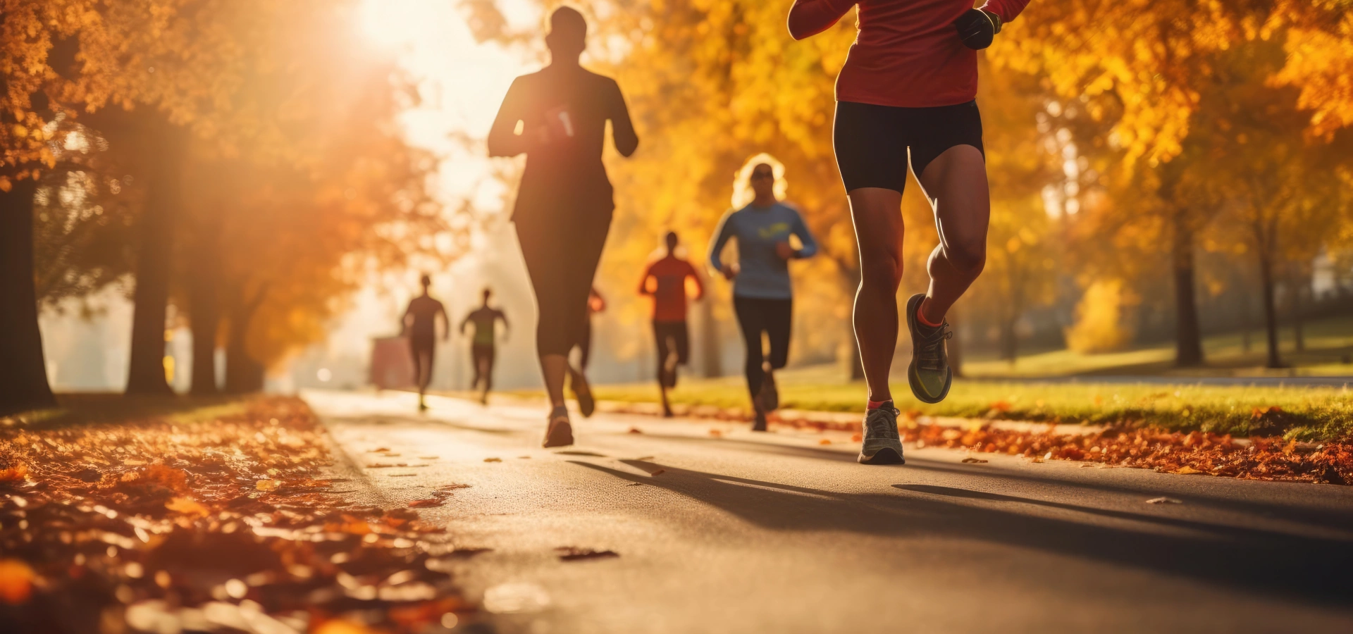 Group of people running in a park, with dead leaves on the ground and sunset.