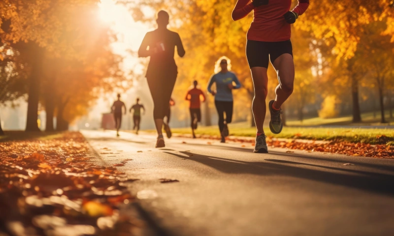 Group of people running in a park, with dead leaves on the ground and sunset.