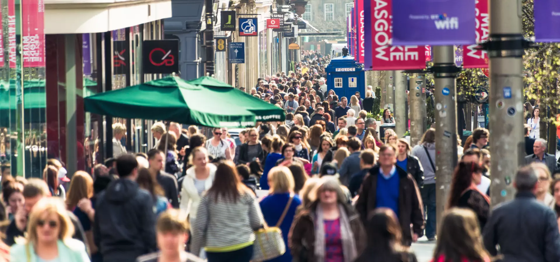 Buchanan street in Glasgow, busy with crowds of shoppers.