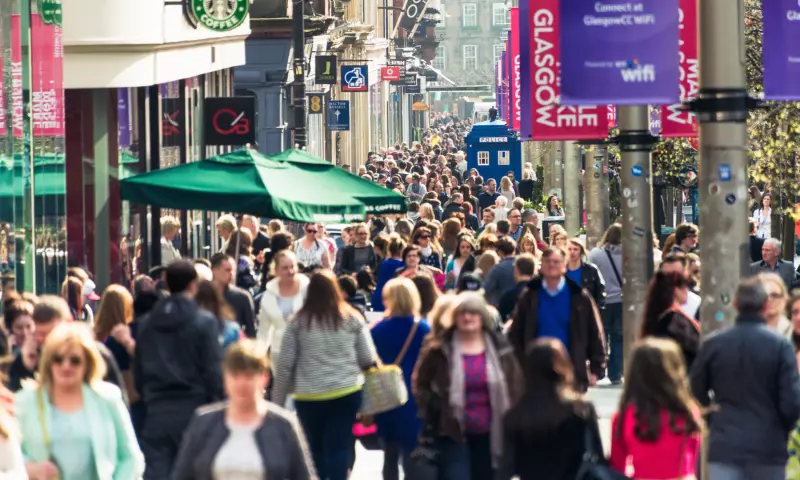 Buchanan street in Glasgow, busy with crowds of shoppers.