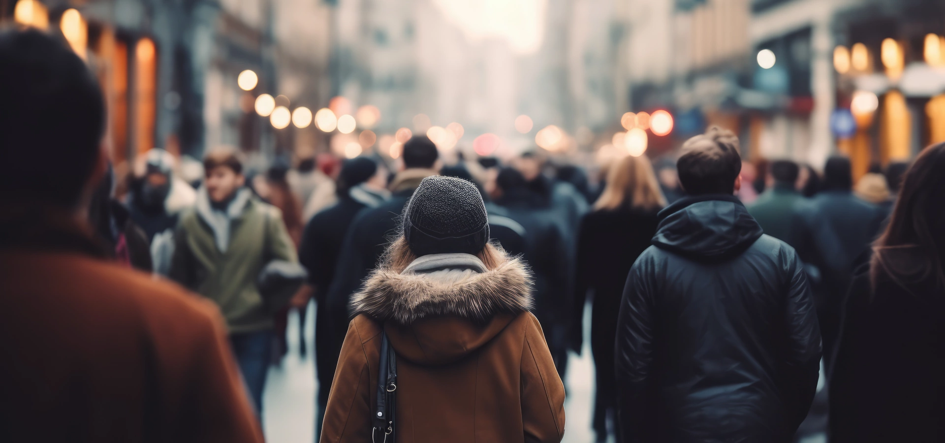 Crowd of people walking in a pedestrian street.