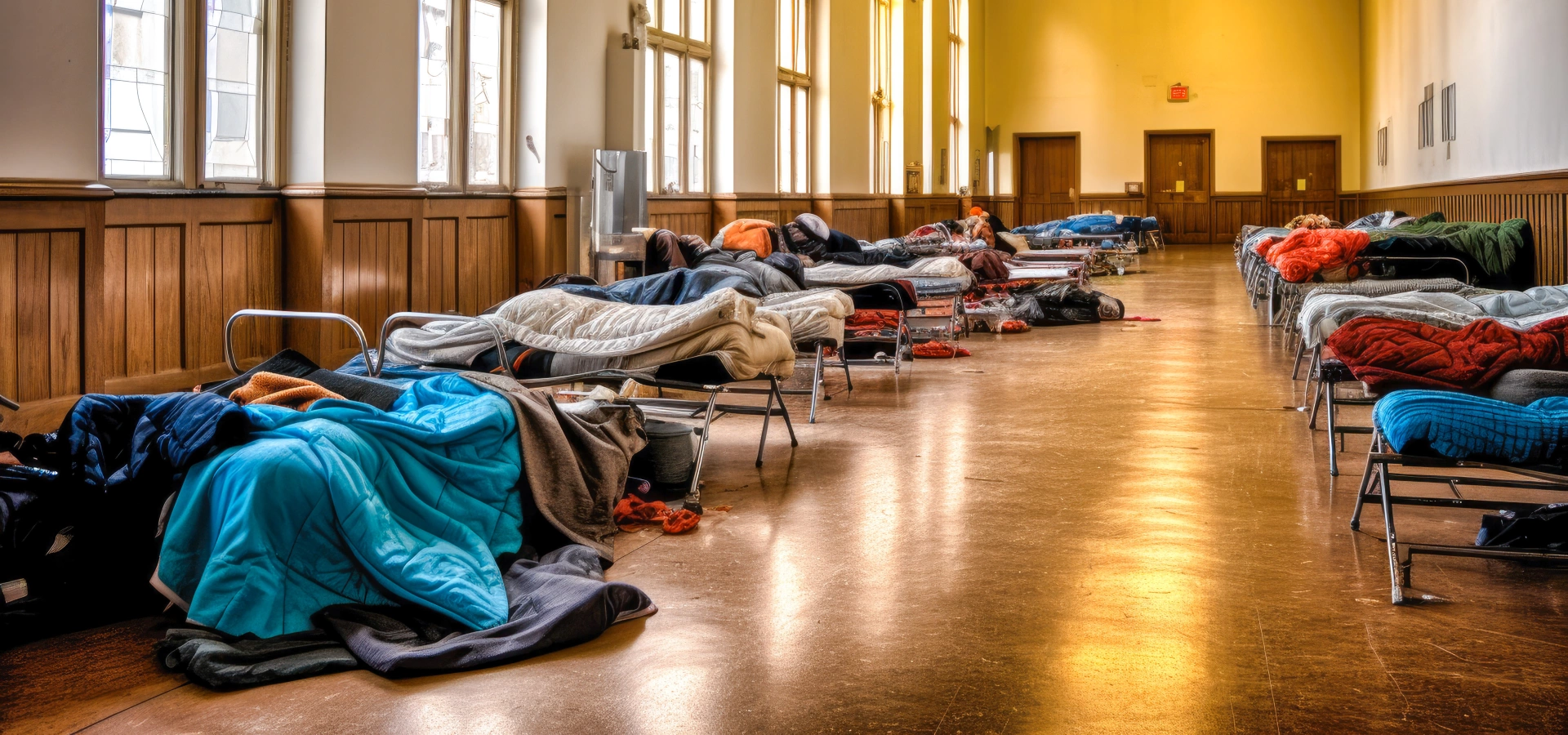 Beds in a homeless shelter.