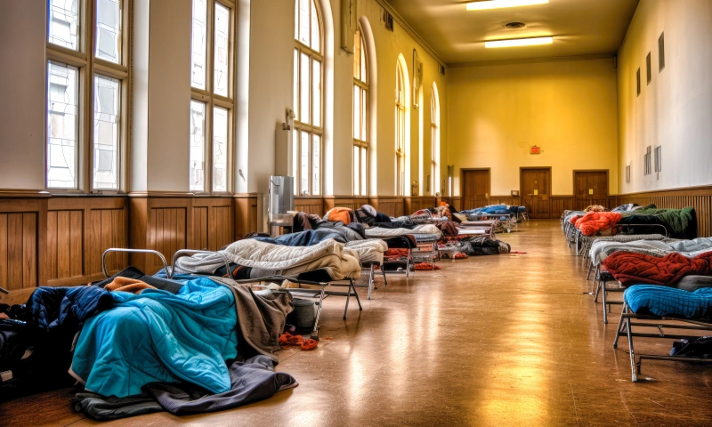 Beds in a homeless shelter.