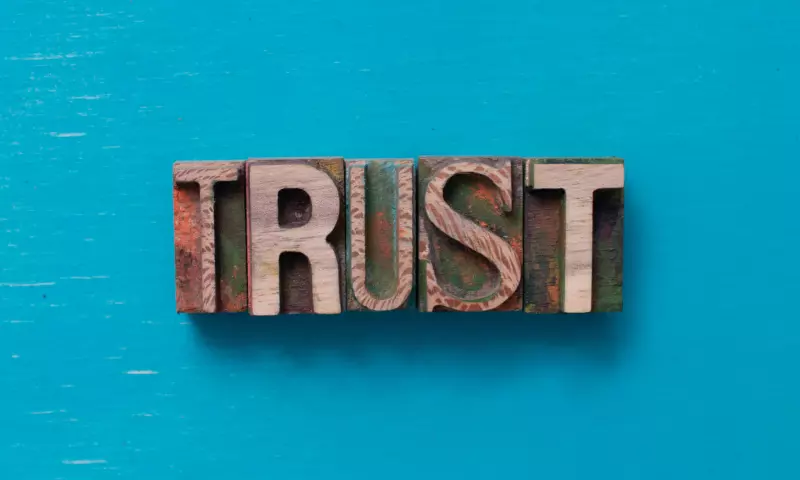 Wooden letters spelling 'trust' on a blue background.