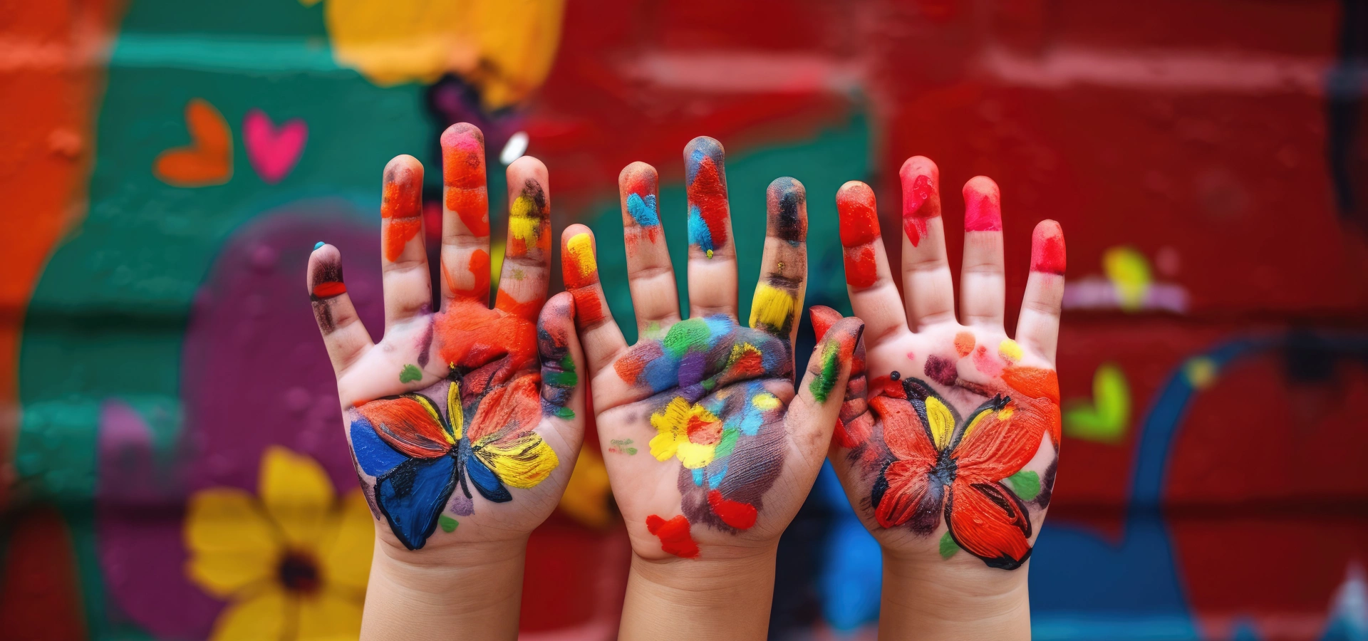 Three children hands with paint on.