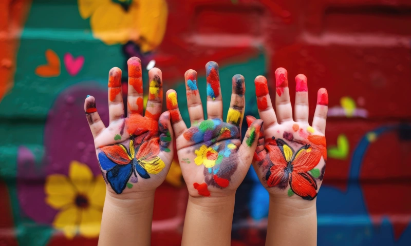 Three children hands with paint on.