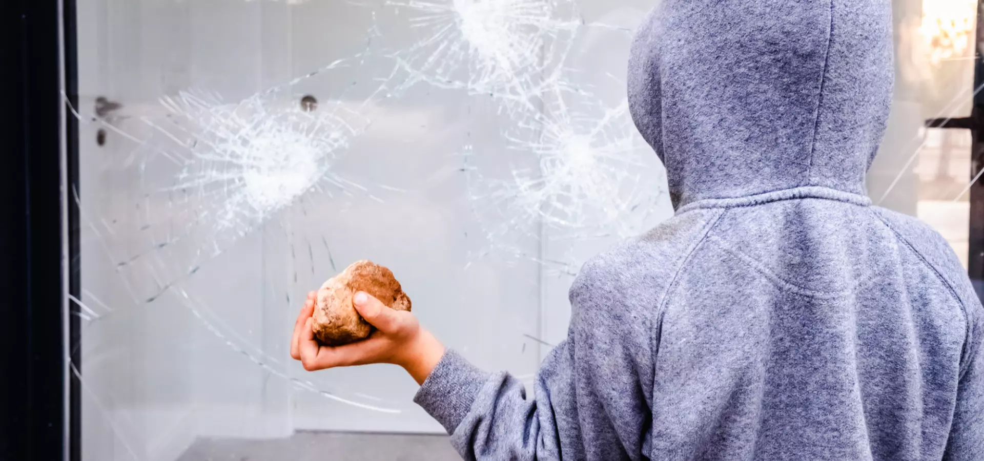 A teen wearing a grey hoodie, seen from the back, and holding a rock in front of a broken window.