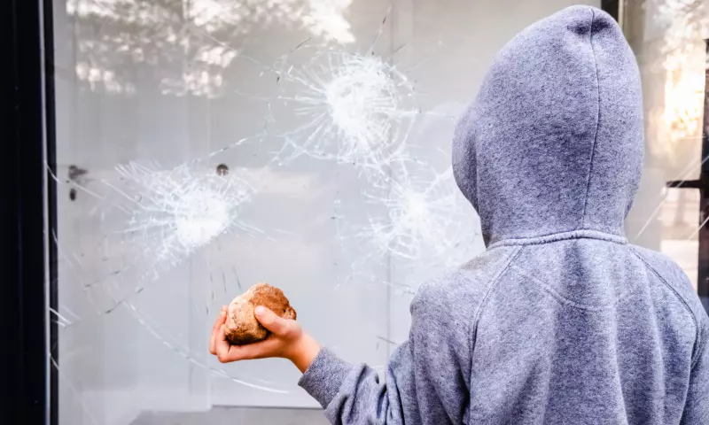 A teen wearing a grey hoodie, seen from the back, and holding a rock in front of a broken window.