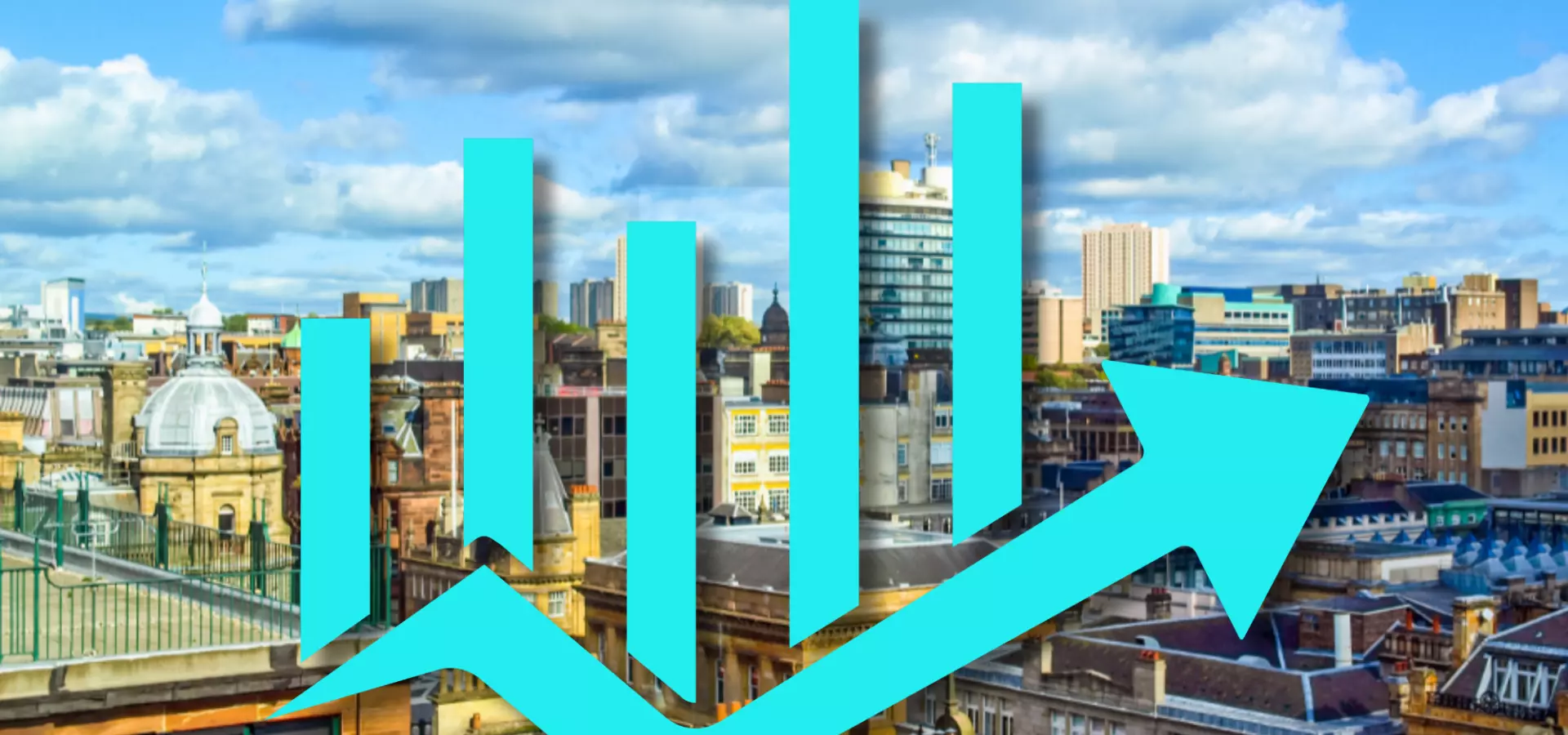 View of Glasgow rooftops with an icon representing a graph.