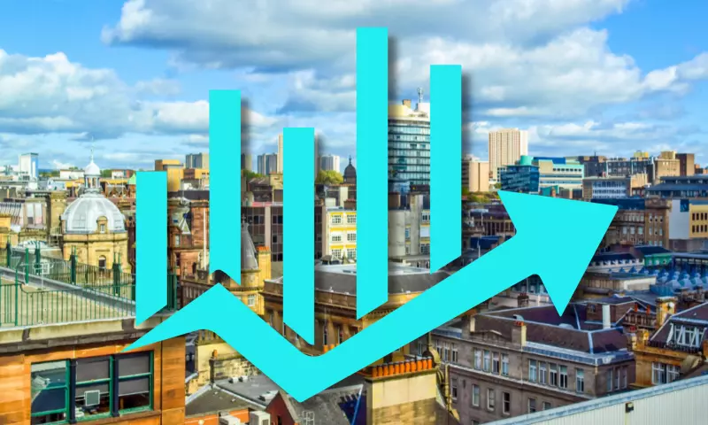 View of Glasgow rooftops with an icon representing a graph.