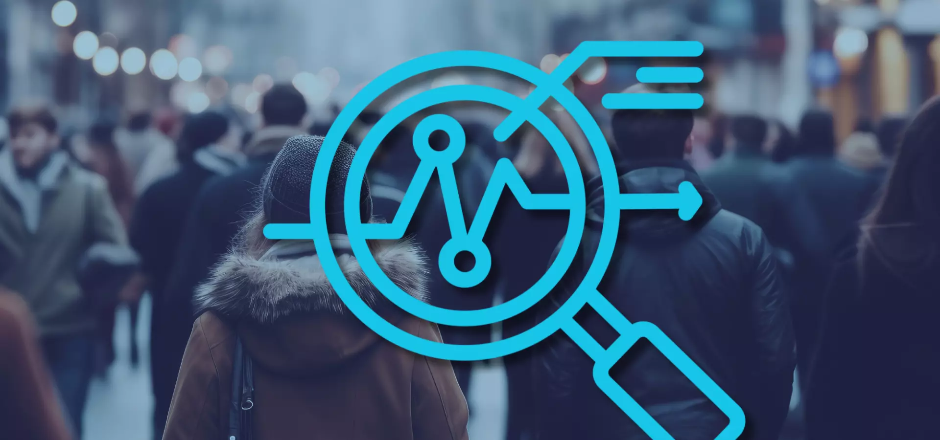 Background: crowd walking in a street. Foreground: icon symbolising 'overview', including a magnifying glass and some graphs.