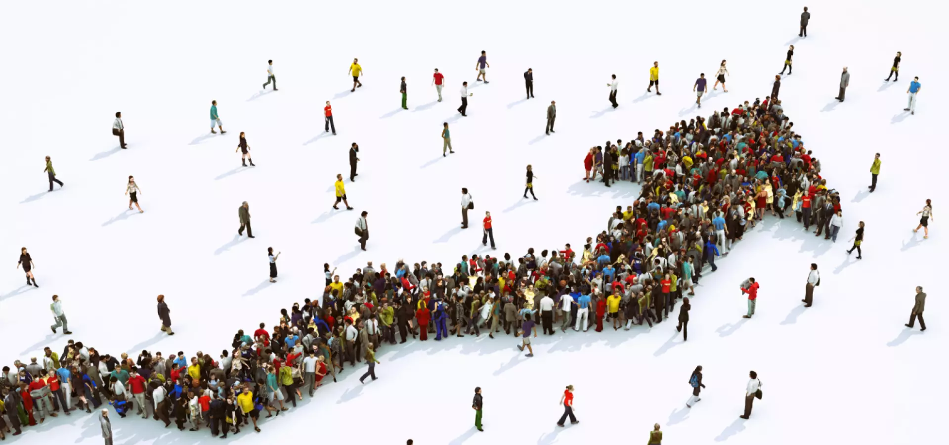 Rising arrow made of people, viewed from above.