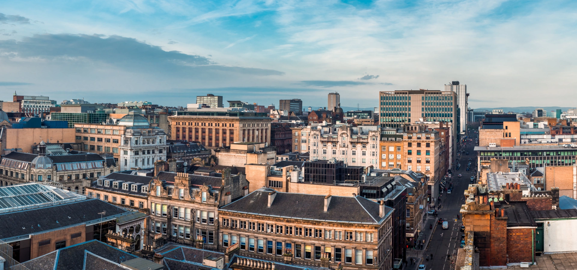 Aerial view of Glasgow City Centre rooftops.