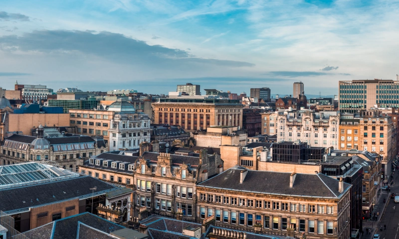 Aerial view of Glasgow City Centre rooftops.