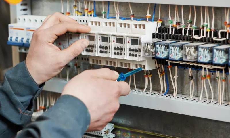 Close up of the hands of an electrician working on a fuse box.