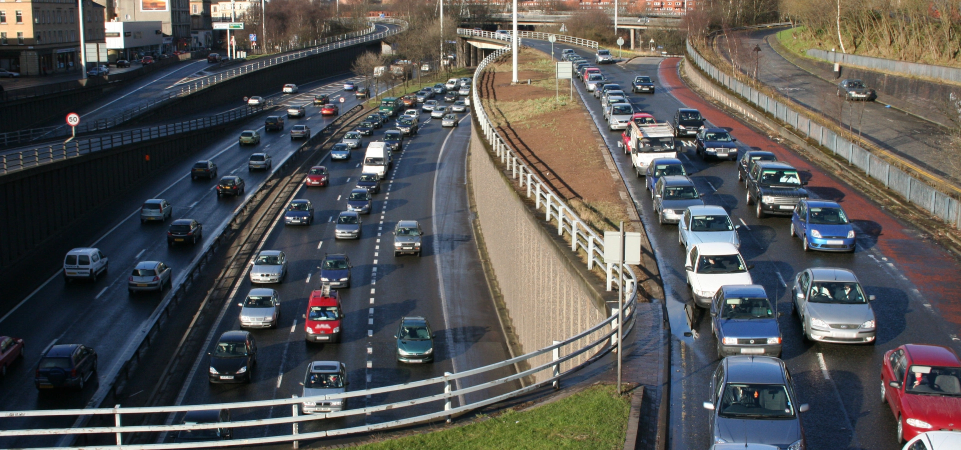 Congested motorway and slip road.