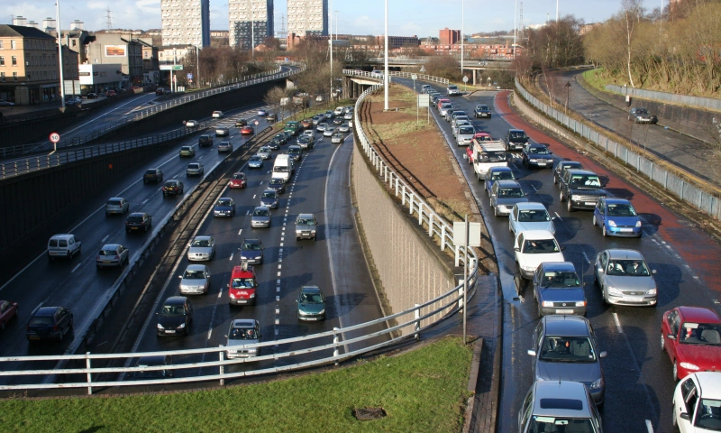 Congested motorway and slip road.