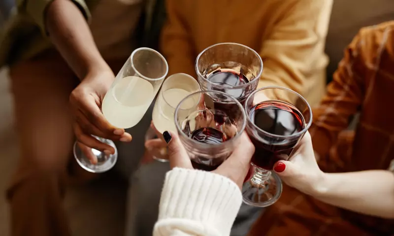 Close up on hands holding glasses of wine, cheering.