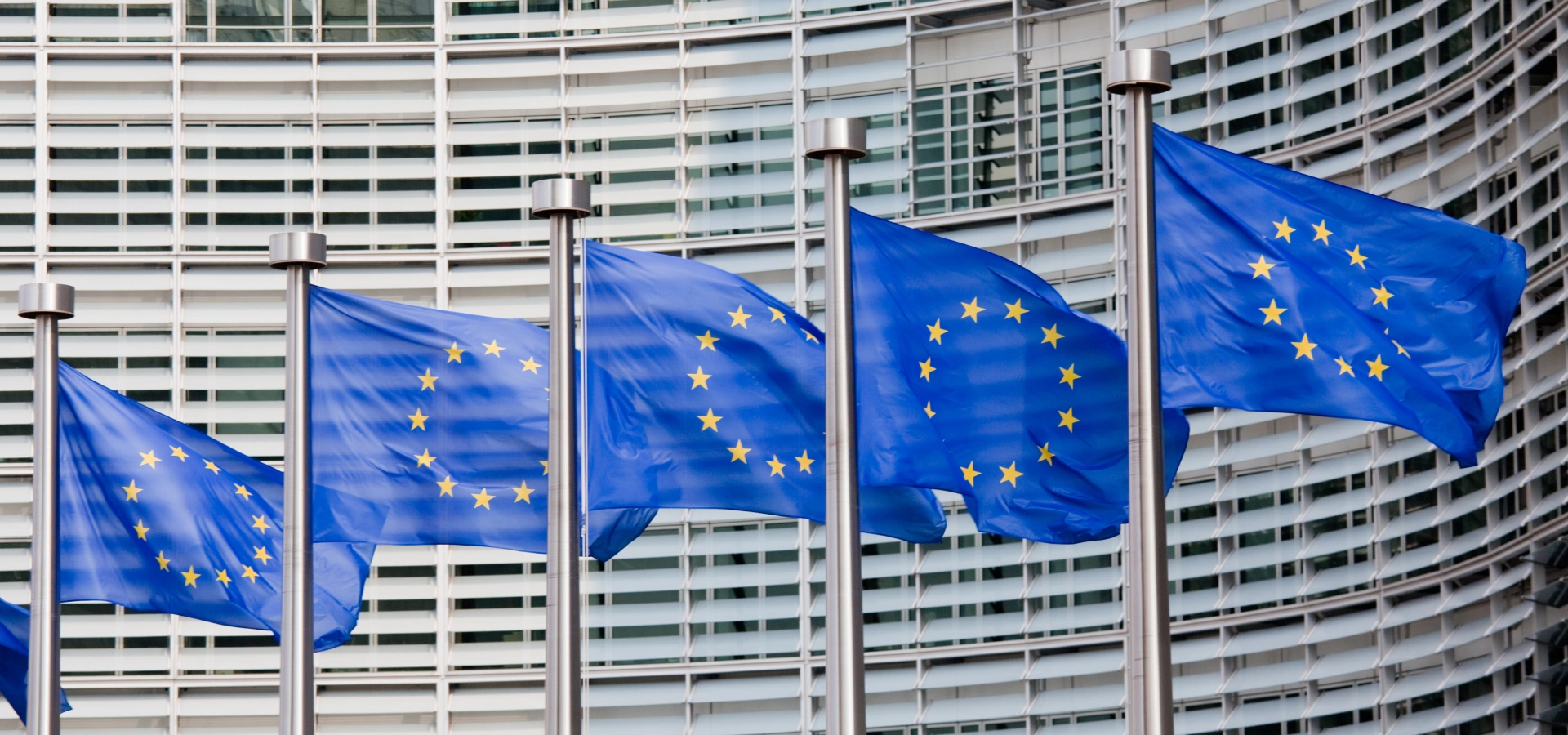 Several European flags floating in the wind in front of a large modern building.