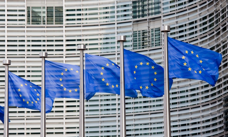 Several European flags floating in the wind in front of a large modern building.