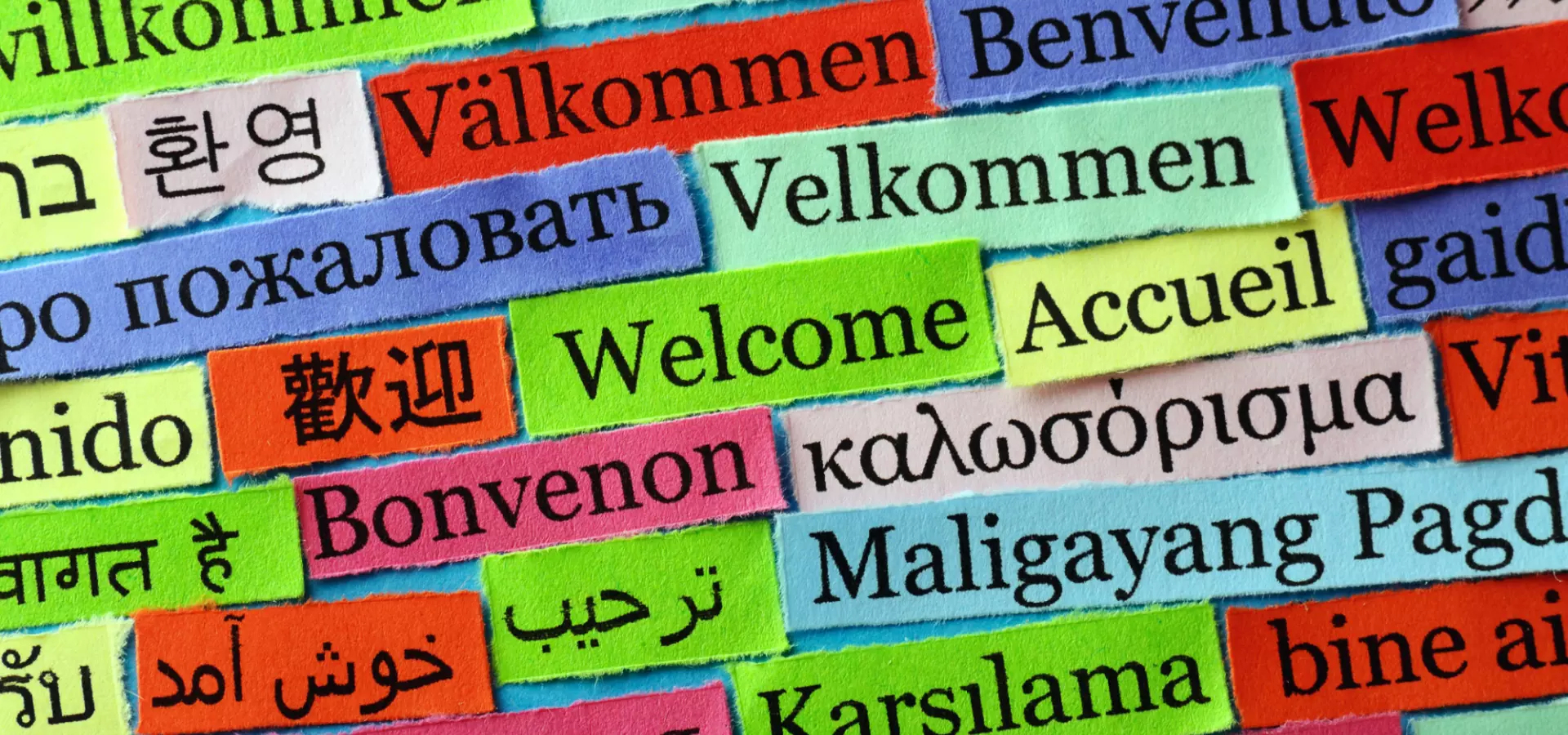 Collage of words meaning 'welcome' in different languages.