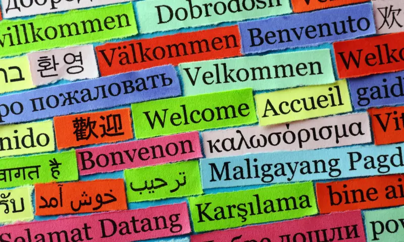 Collage of words meaning 'welcome' in different languages.