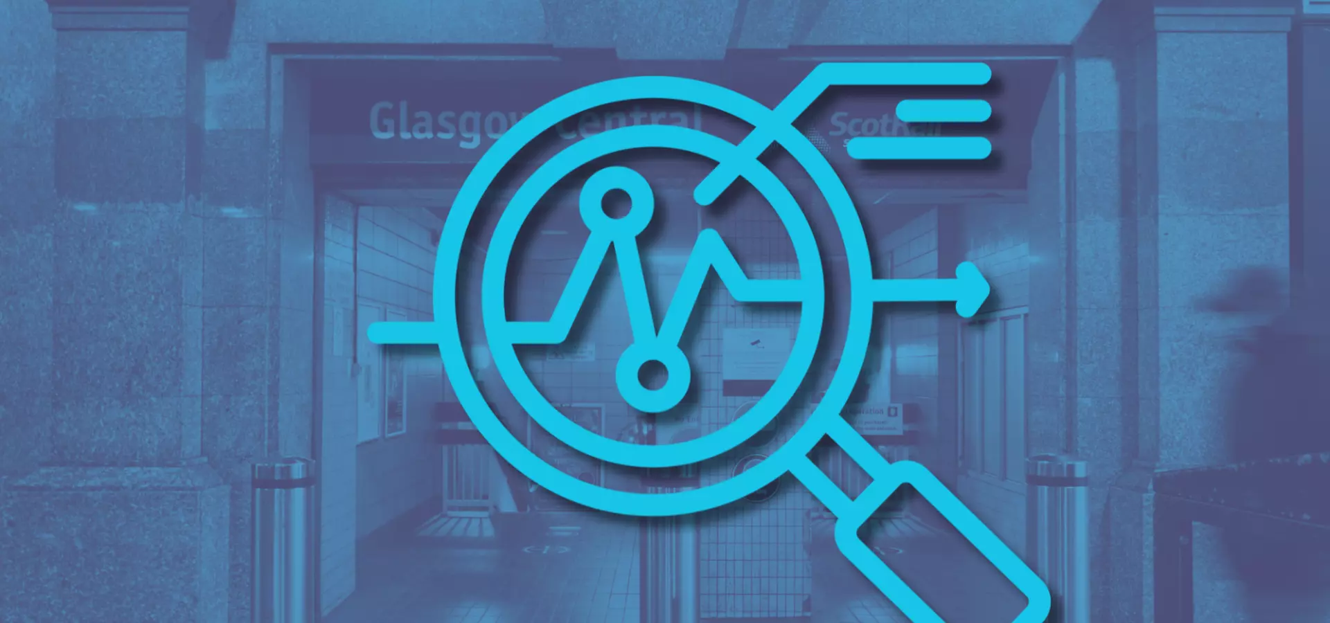 Background image of an exit at Glasgow Central train station, with an icon of a magnifying glass on top.