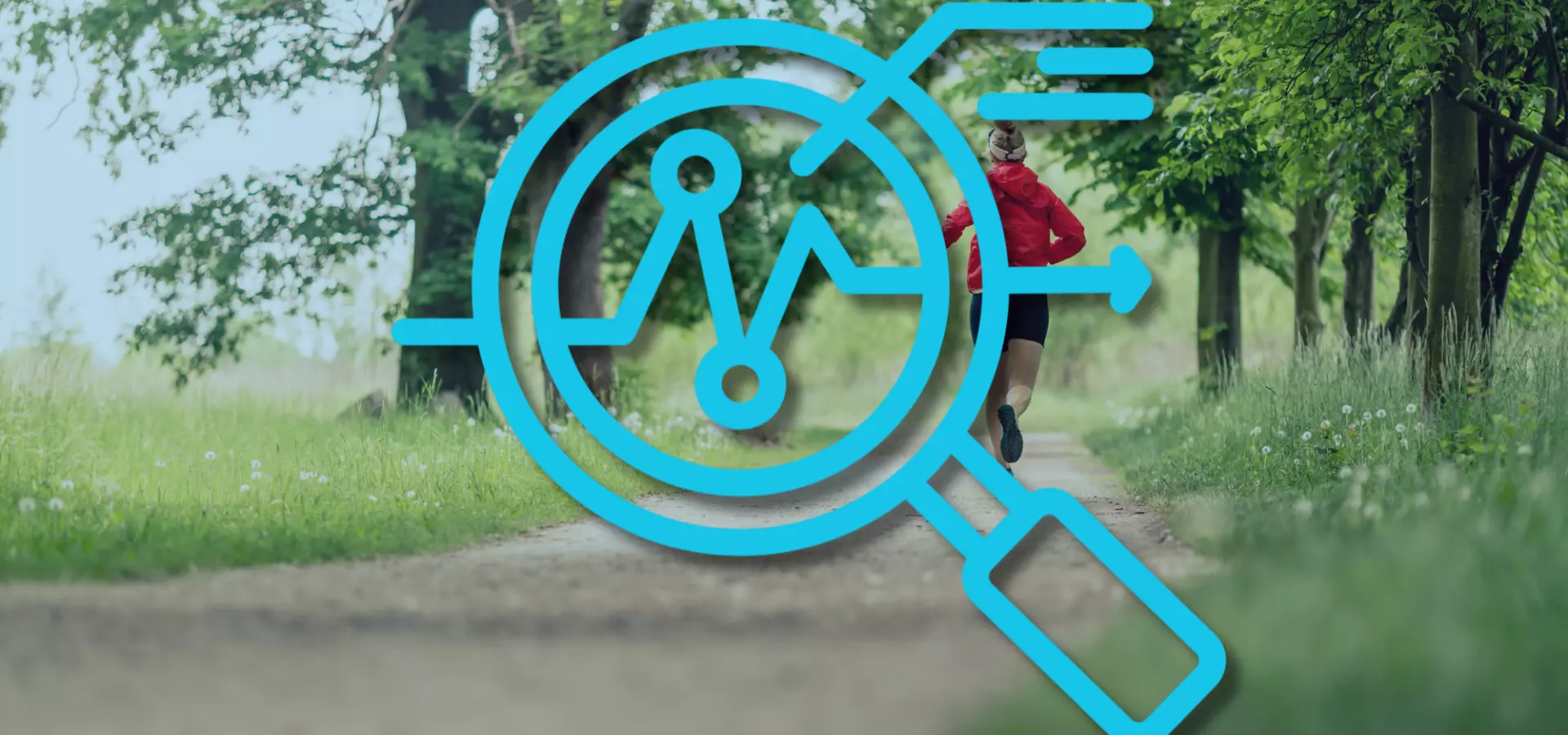 Person running in the woods, with an icon of a magnifying glass on top of the image.