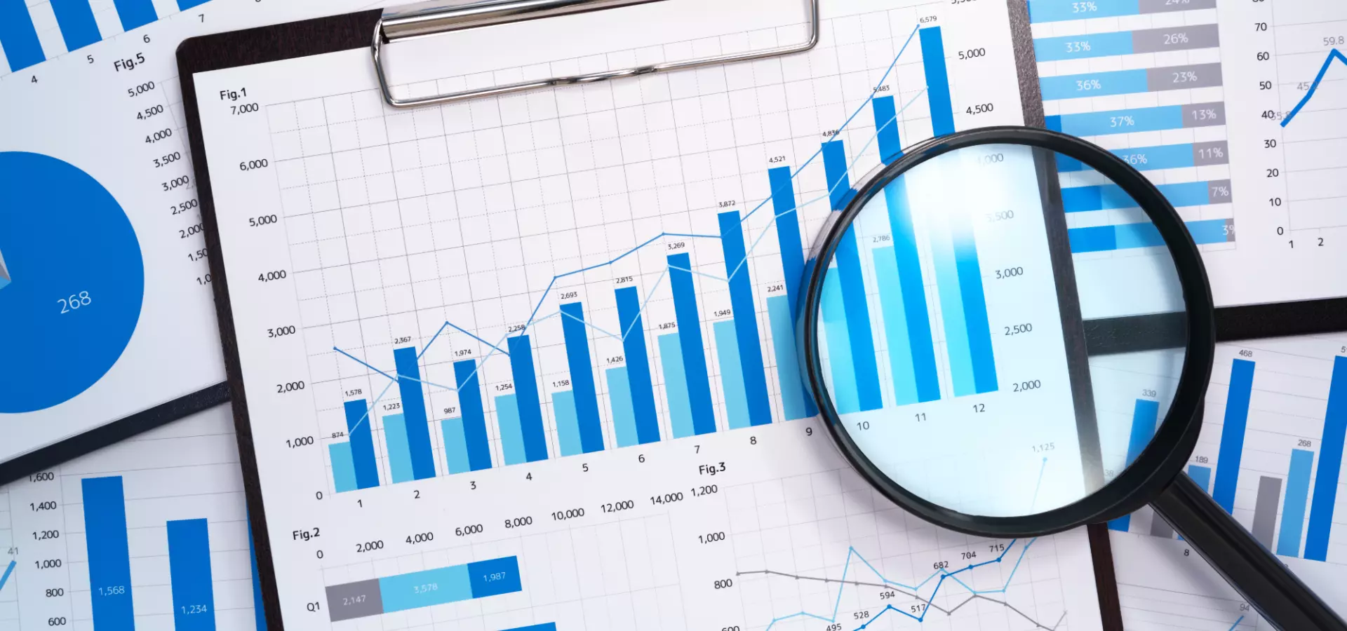 Series of graphs with a magnifying glass on top.