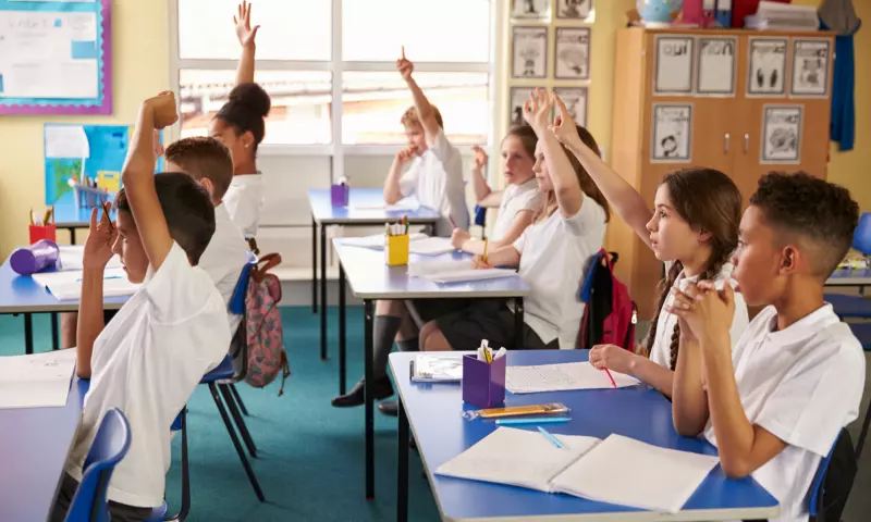 Primary school aged pupils in a classroom, some of them have their hand up.