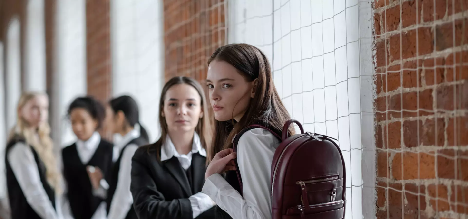 Group of teenage girls in school uniform, standing in the school corridor. 