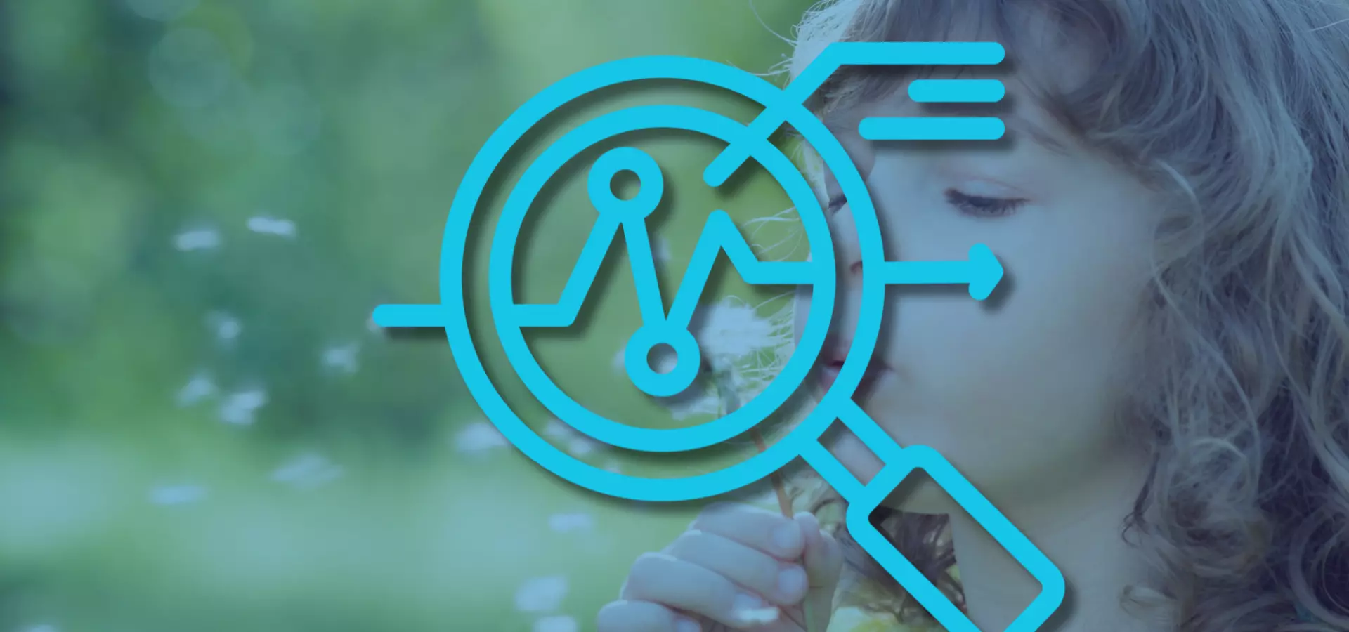 A young girl blowing on dandelion seeds, with a magnifying glass icon on top signifying 'overview'.