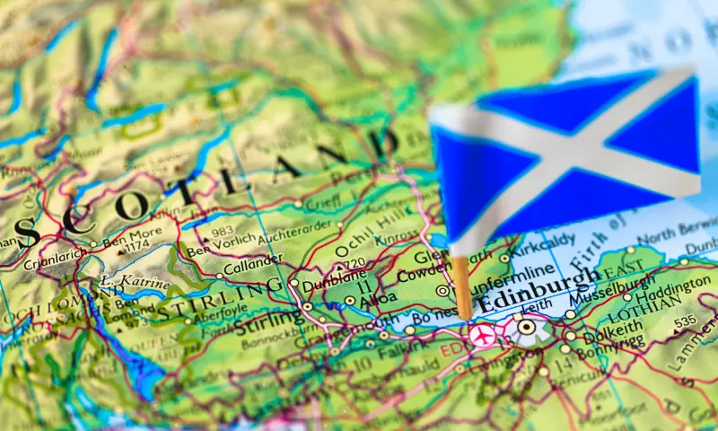 Partial map of Scotland with a the Scottish flag pinned on it.