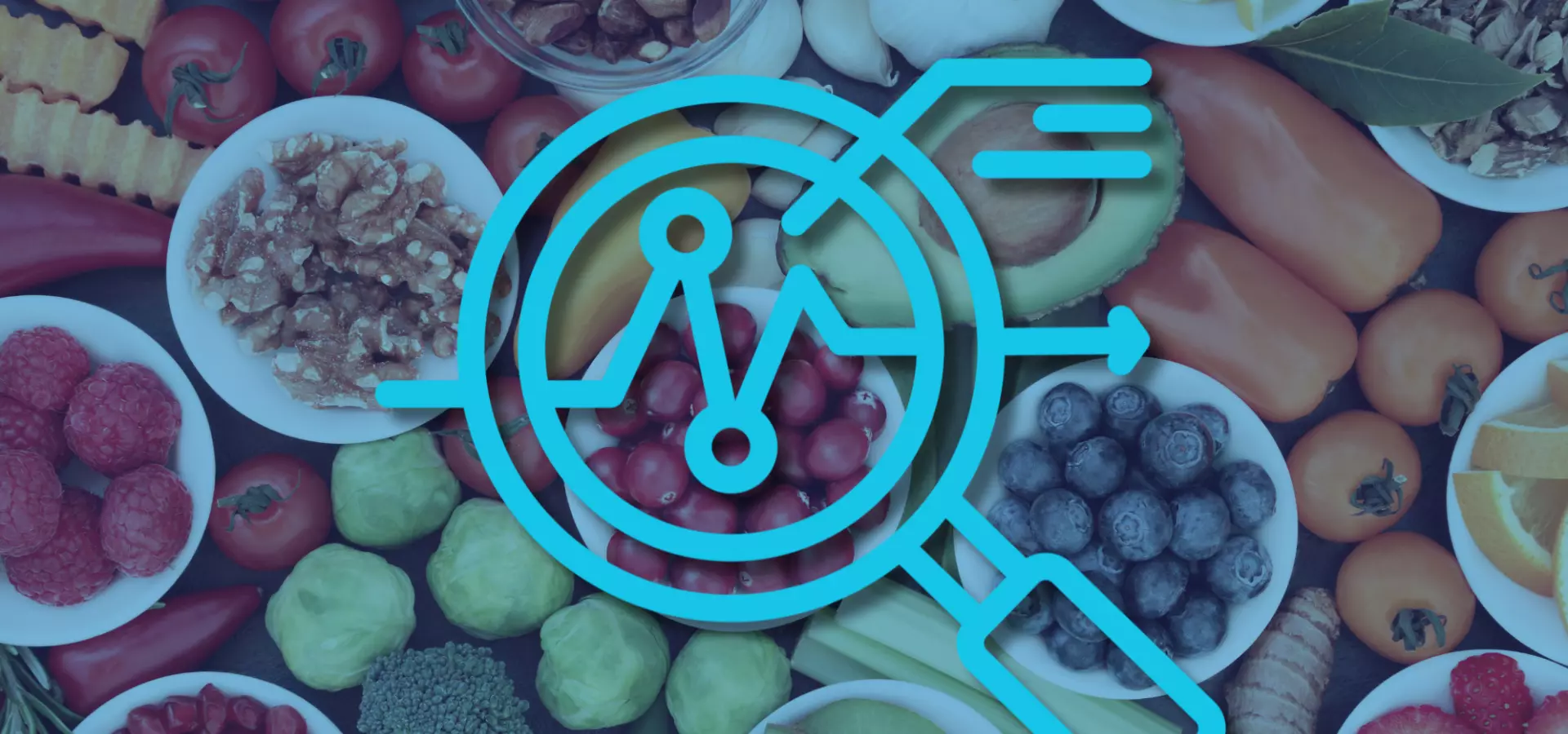 Selection of colourful fruit and vegetables photographed from above, with a magnifying glass icon on top signifying 'overview'.