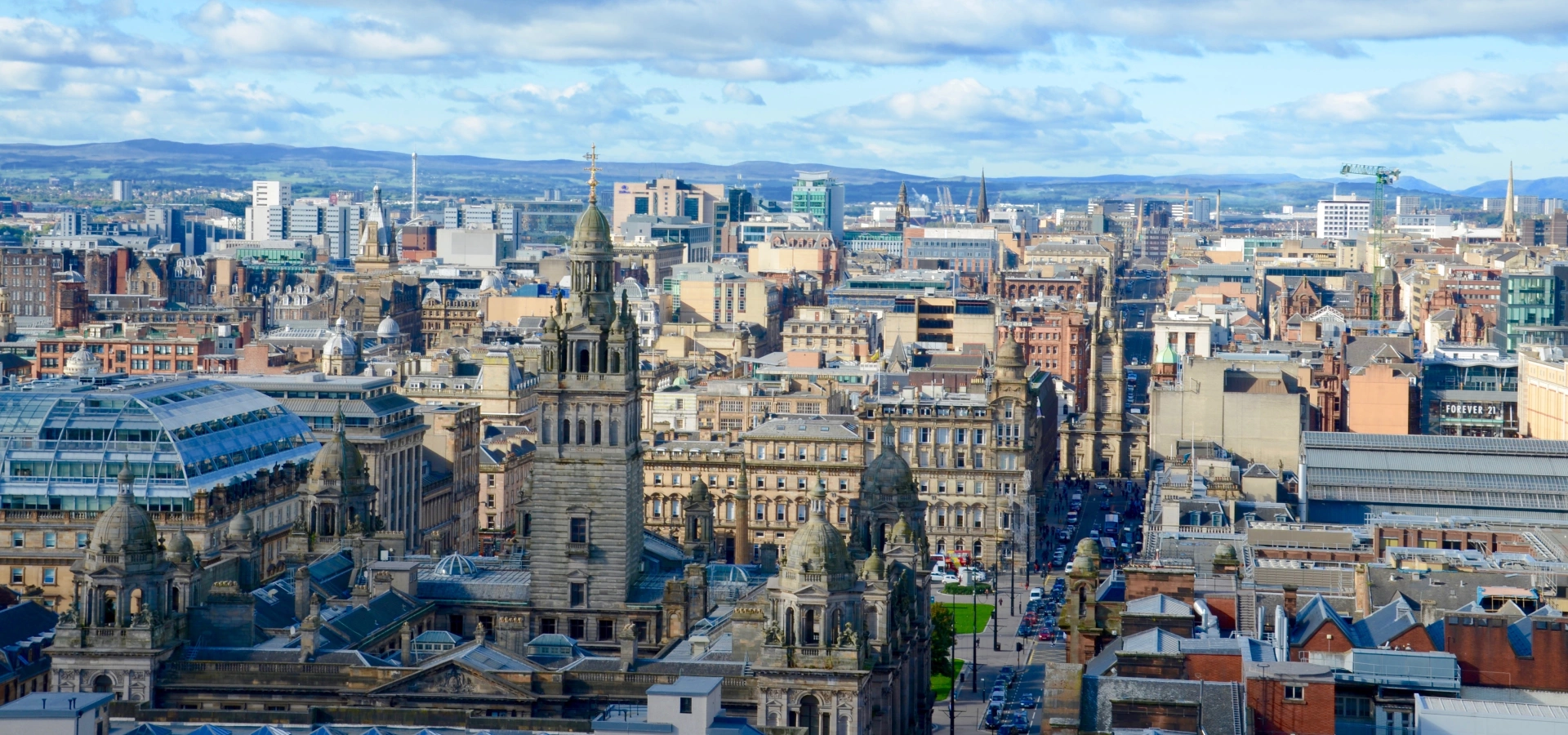 Aerial view of rooftops in Glasgow city centre.