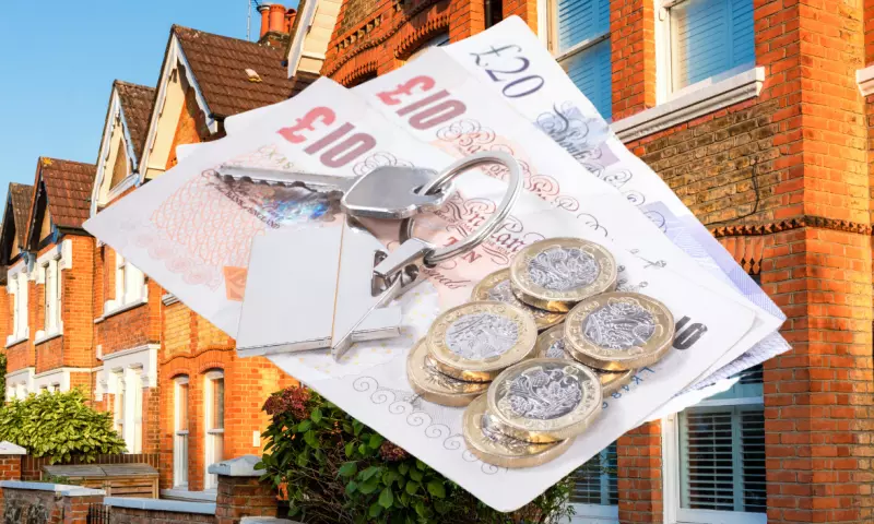 A row of houses with bank notes and coins superimposed along with a key with a house shaped key ring.