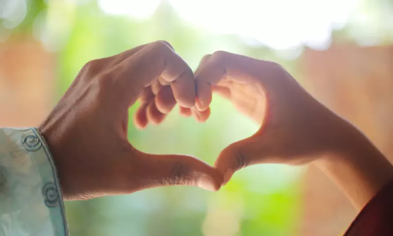 Two hands joining together, creating a heart shape.